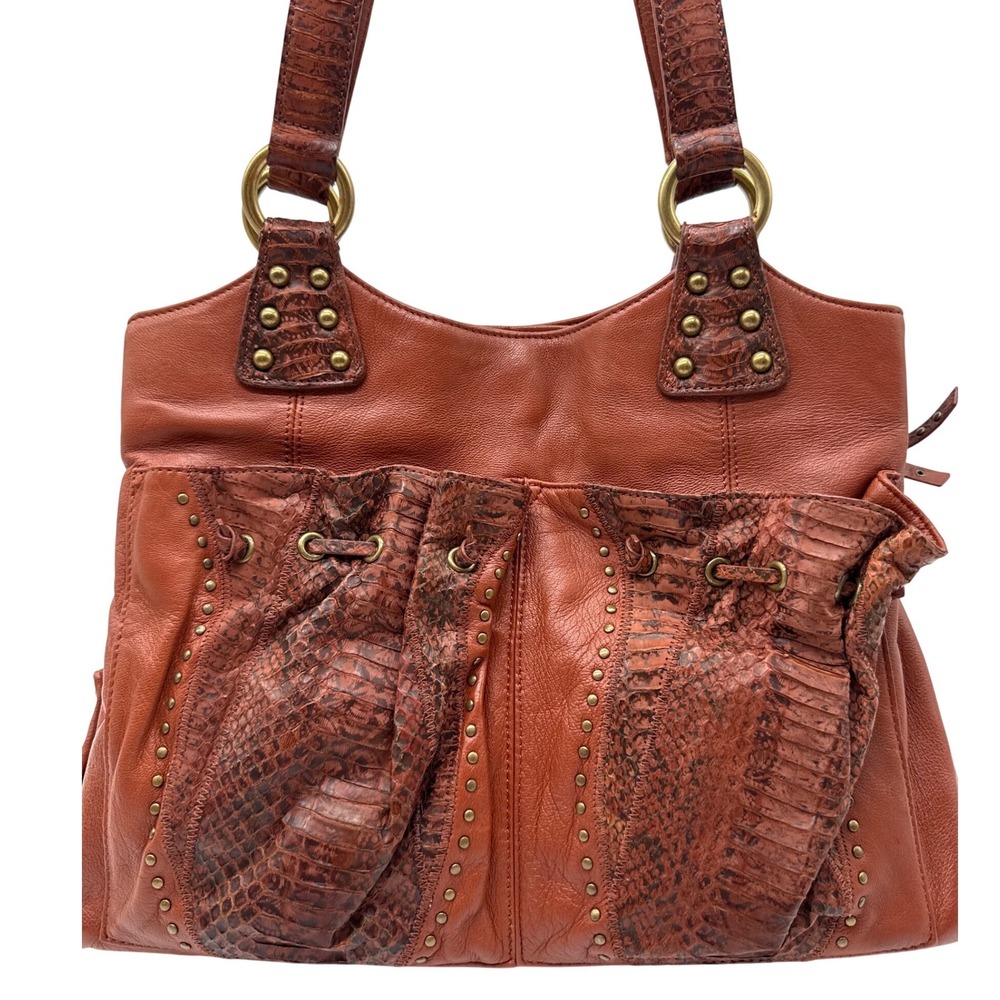 CHi Chala Shoulder Bag Womens Large Brown Excellent Leather Snakeskin Studded
